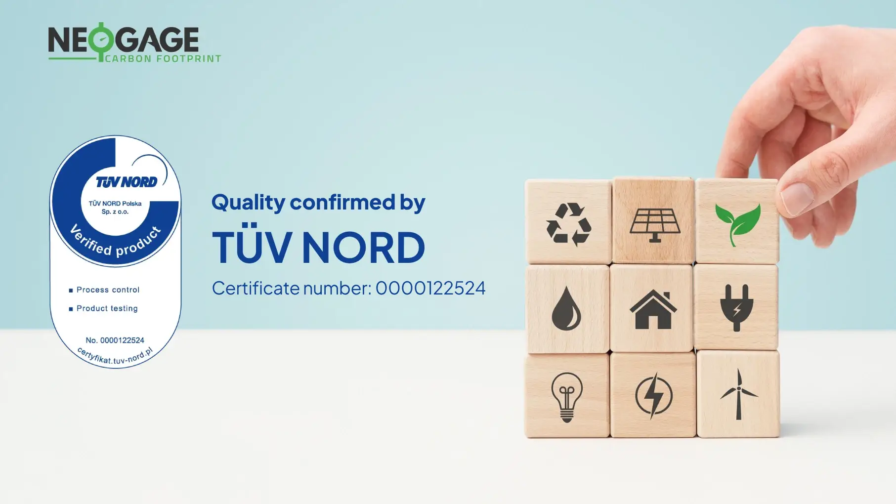 TÜV Nord Certificate for NEOGAGE Carbon Footprint against a background of blocks with green energy icons