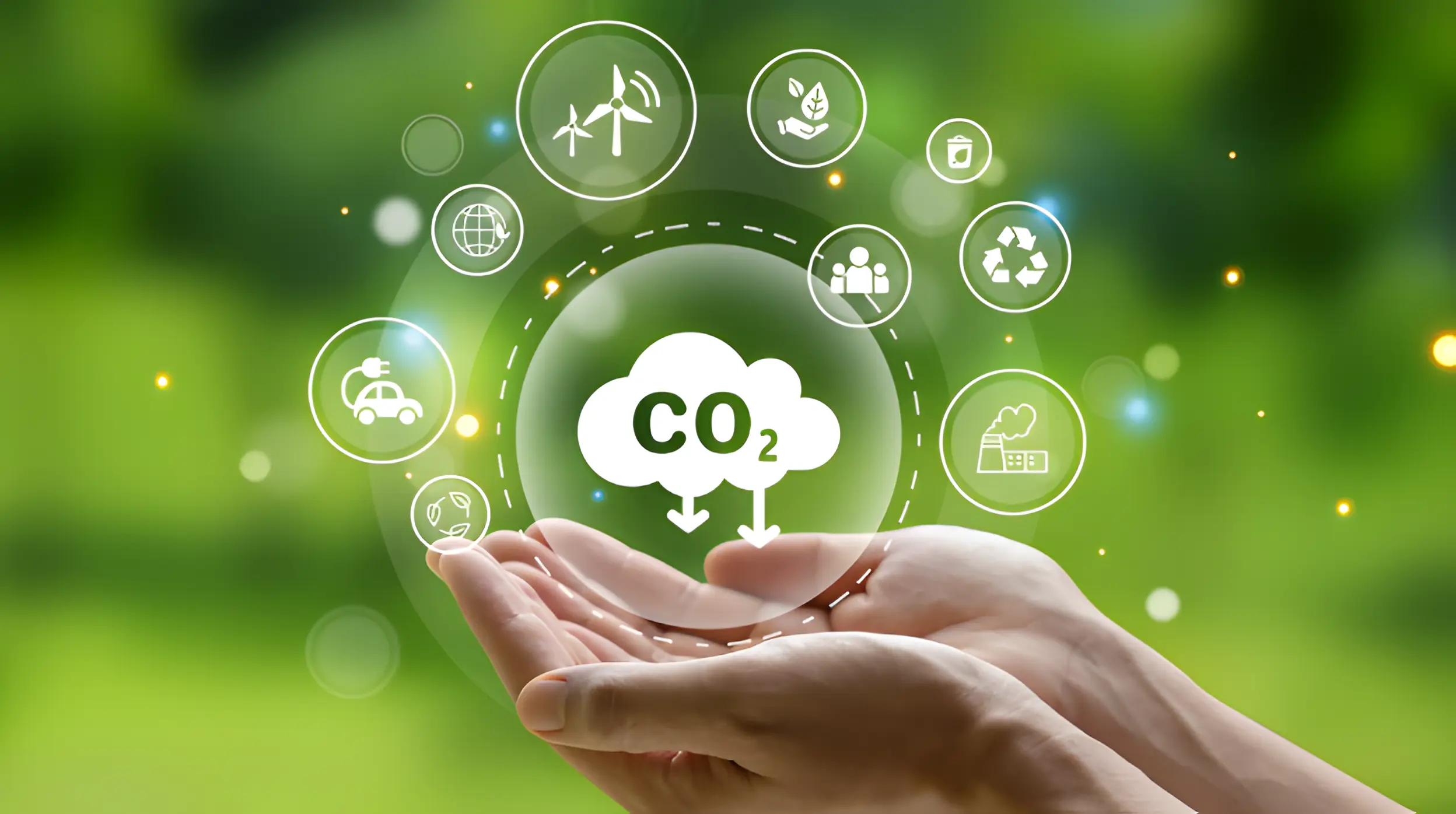 Ręka trzymająca kulę z napisem 'CO₂' i chmurą
