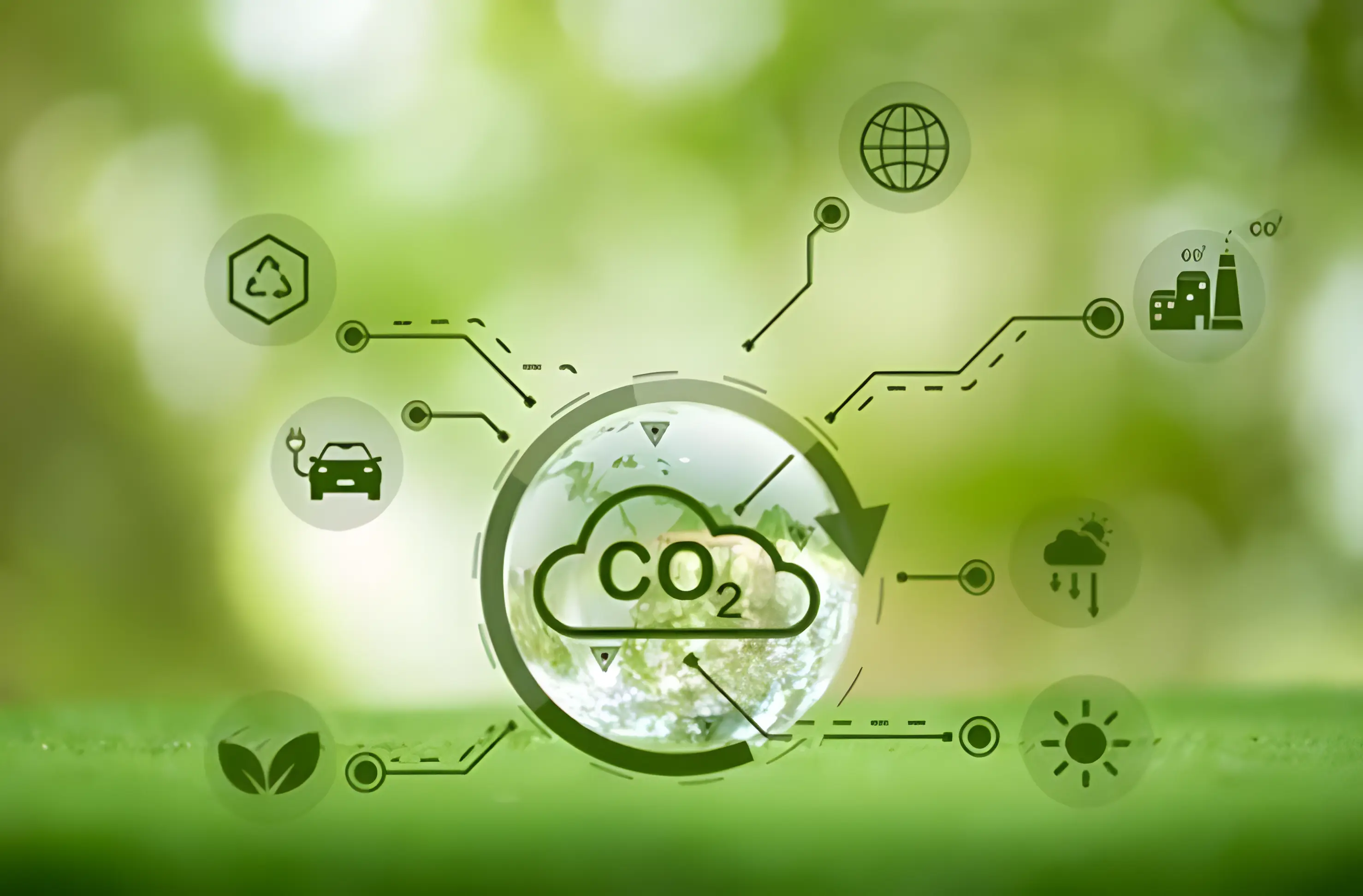 Grafika koncepcyjna ilustrująca zarządzanie emisją CO2, otoczona ikonami symbolizującymi przemysł, energię odnawialną i pojazdy elektryczne na zielonym tle.