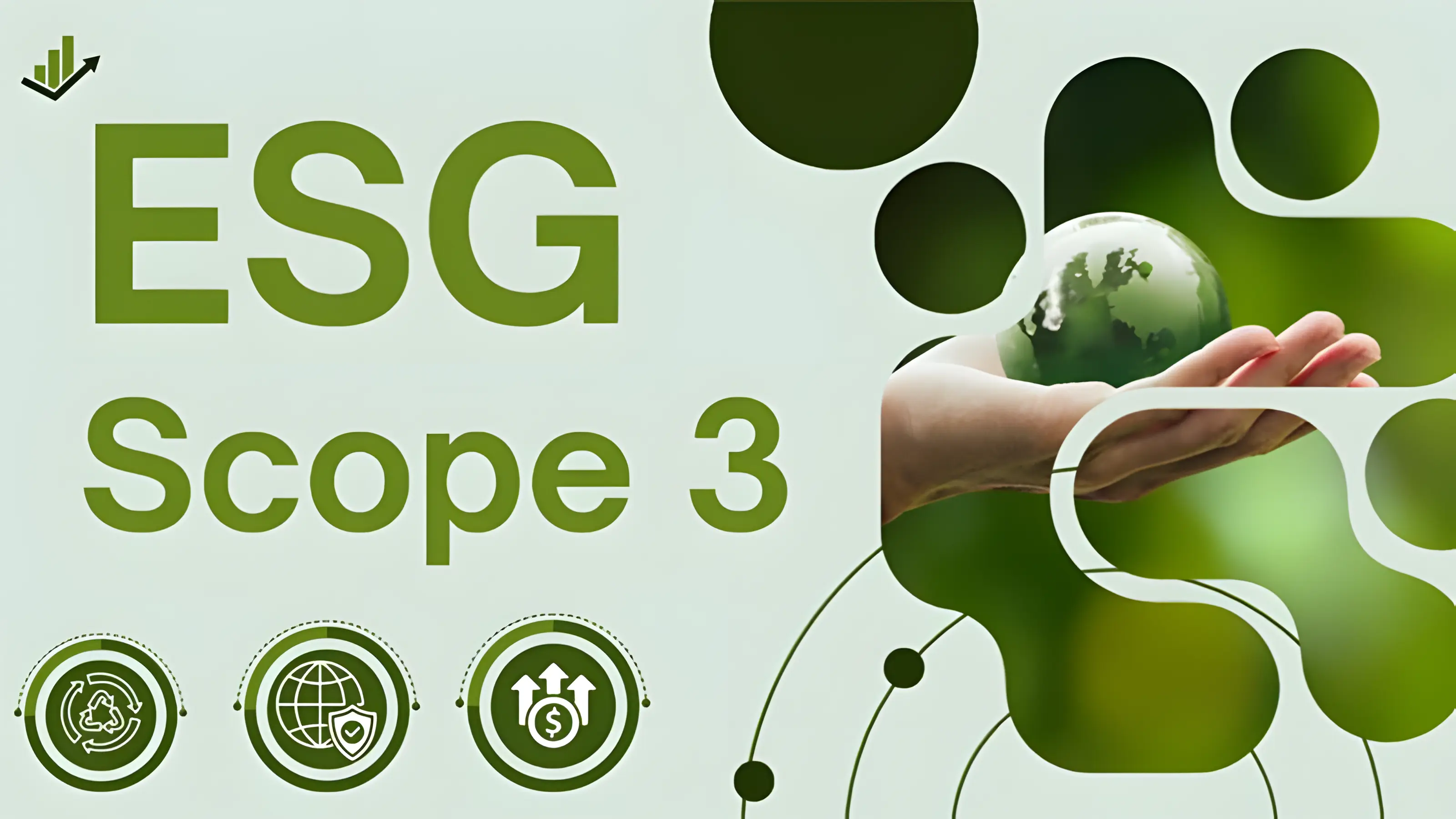 Dłoń trzymająca szklaną kulę ziemską z zieloną roślinnością, otoczoną abstrakcyjnymi zielonymi kształtami. U dołu trzy ikony przedstawiające recykling, ochronę środowiska i finanse.