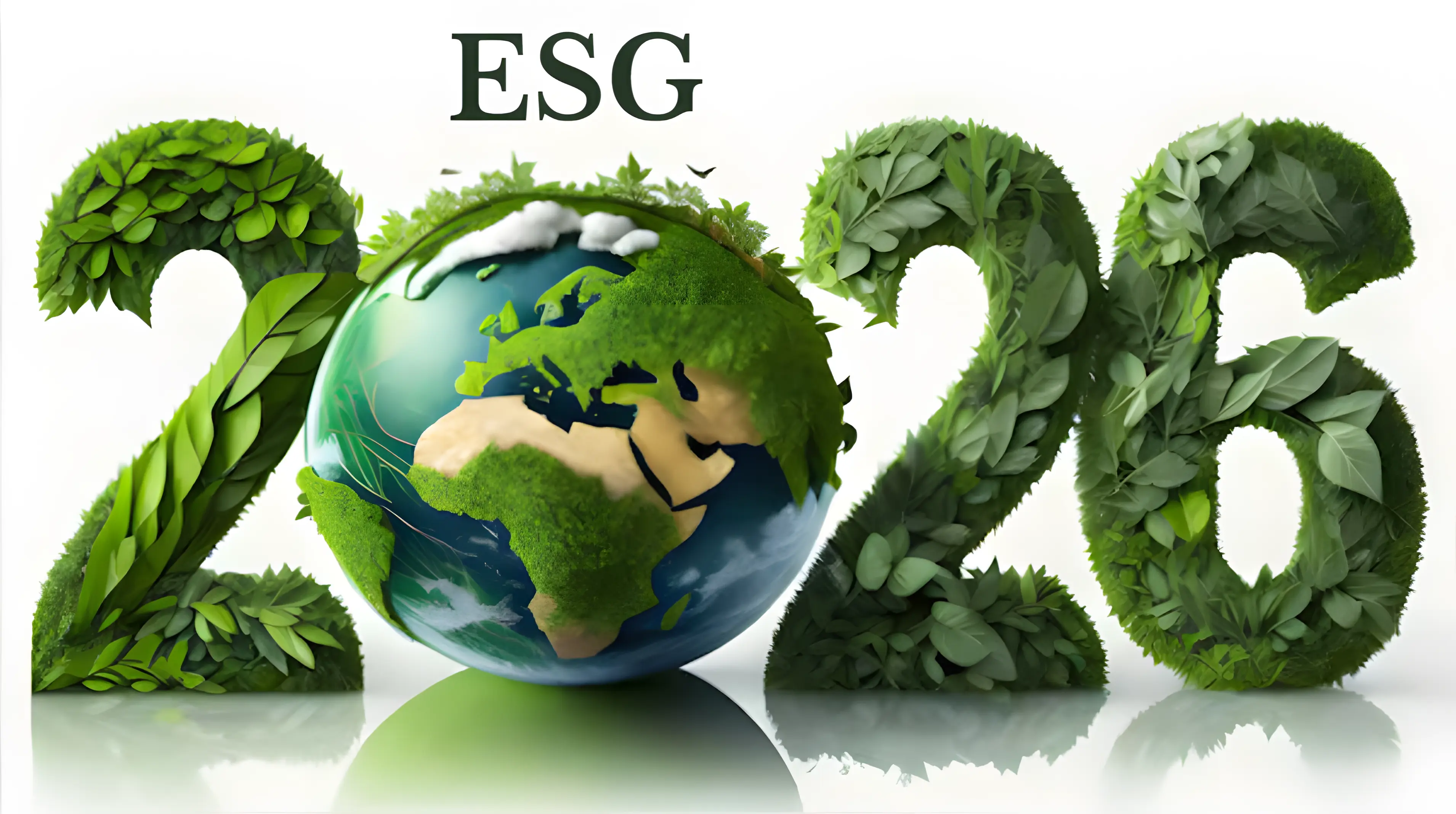 Ilustracja ESG 2026: Ziemia otoczona zielonymi liśćmi, tworzącymi cyfry 2026, symbol zrównoważonego rozwoju.