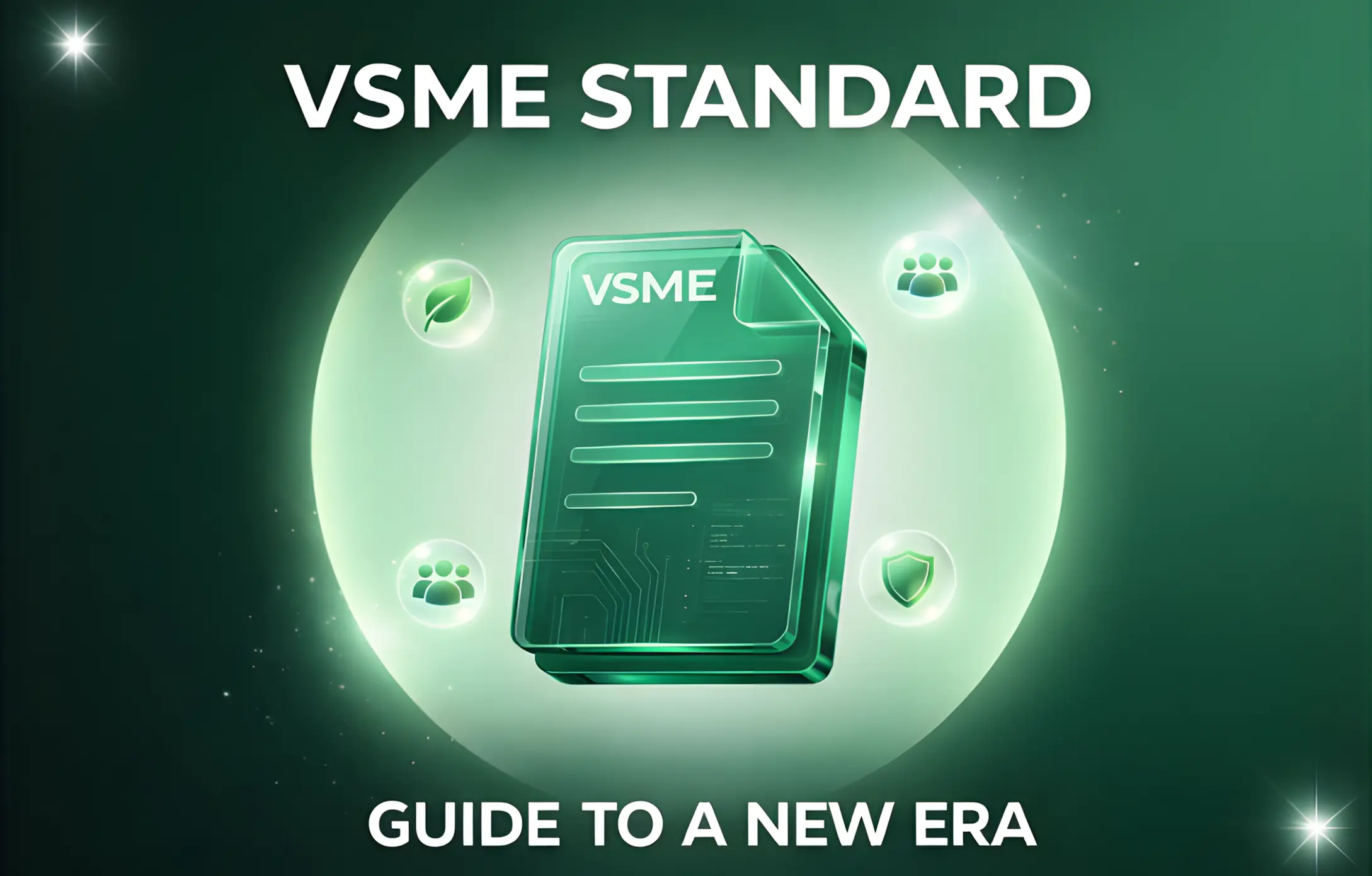 Green graphic with a futuristic document and icons of sustainability, security, and community, titled "VSME Standard – Guide to the New Era."